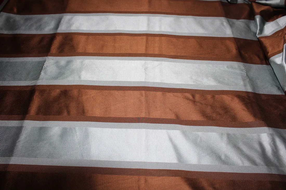 100% Silk Taffeta Fabric blueish grey and brown ribbed stripe TAFS156 54&quot; wide