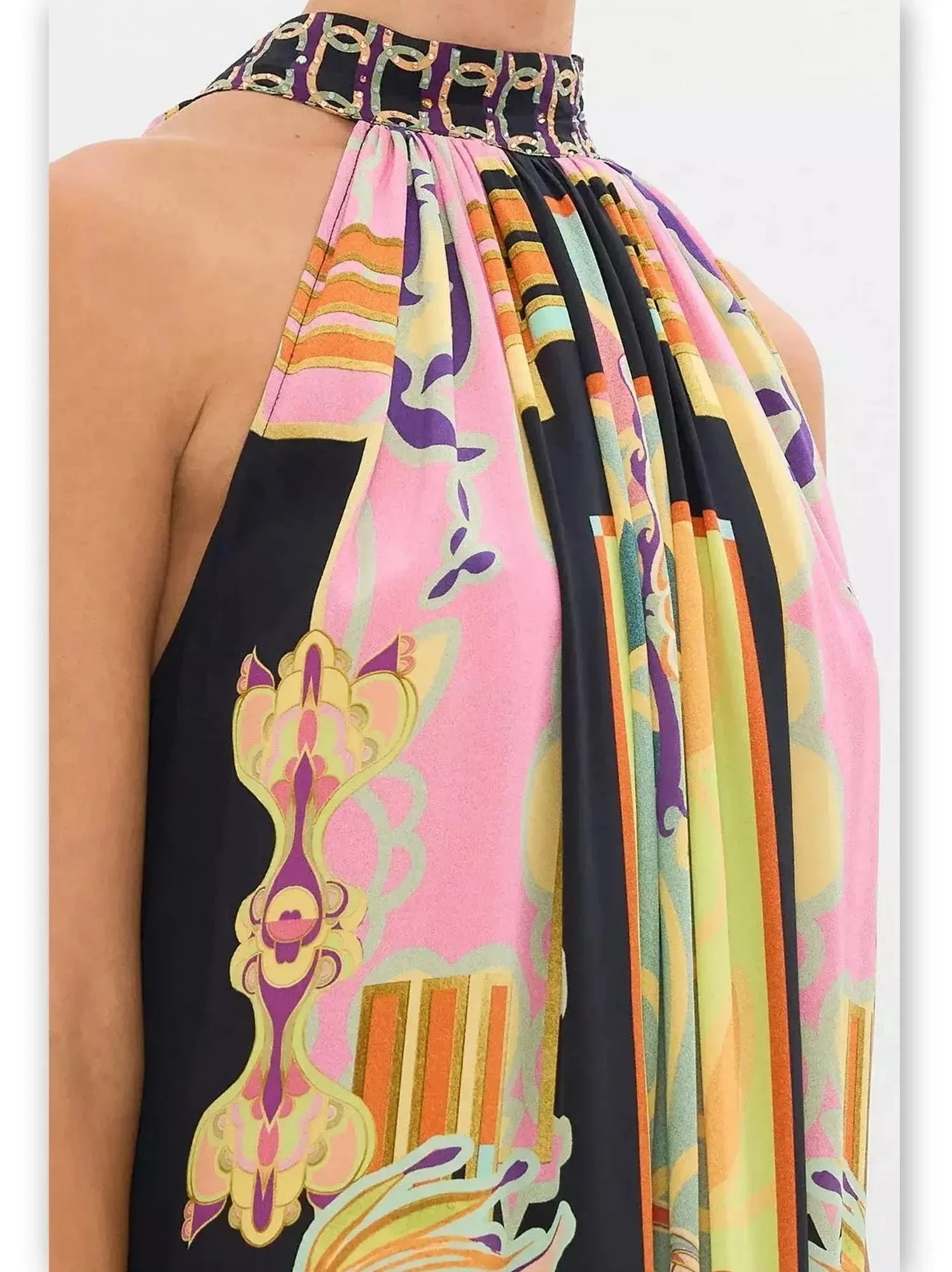 Abstract Printed Halter Tie-Neck Long Silk Dress