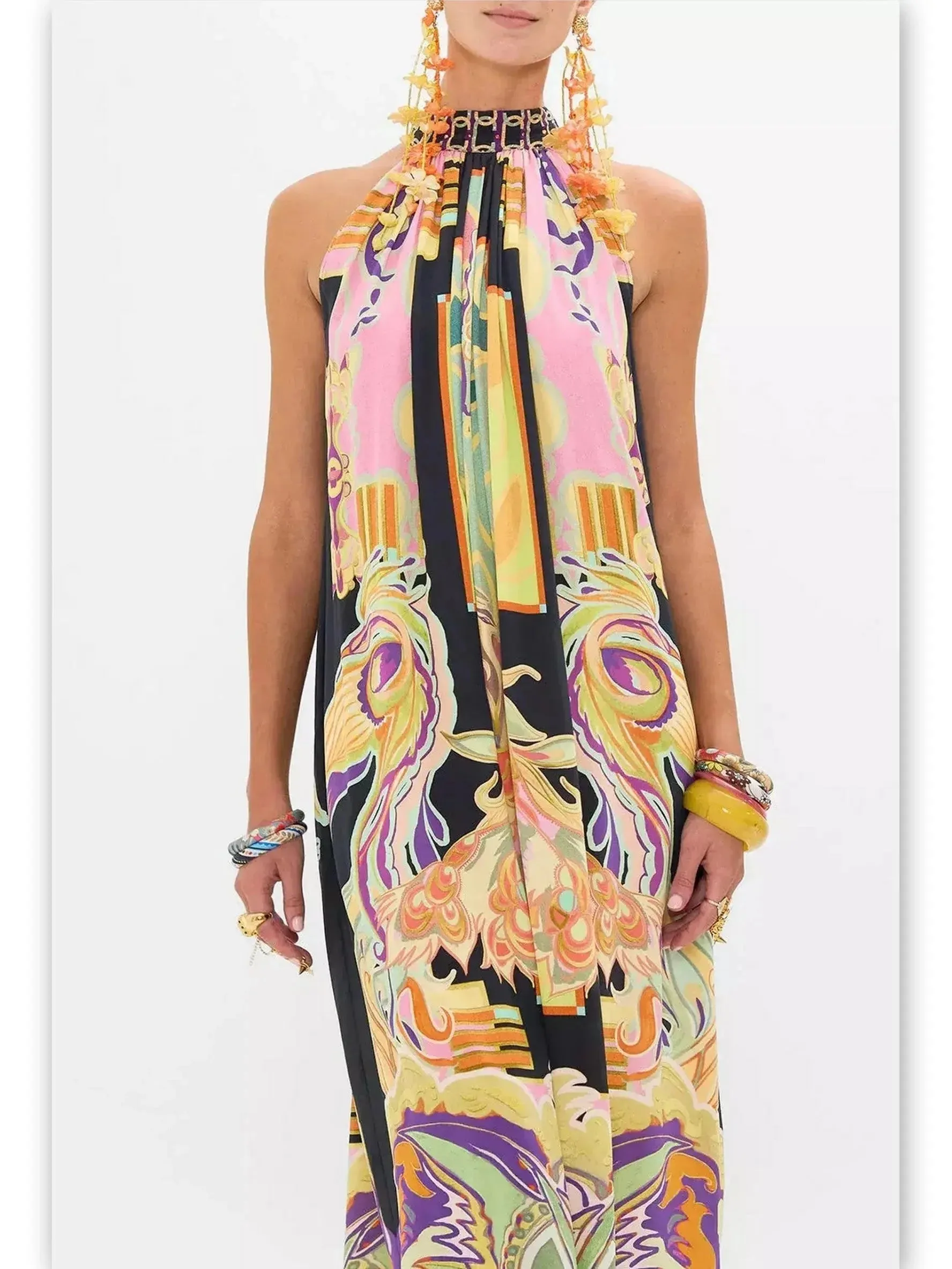 Abstract Printed Halter Tie-Neck Long Silk Dress