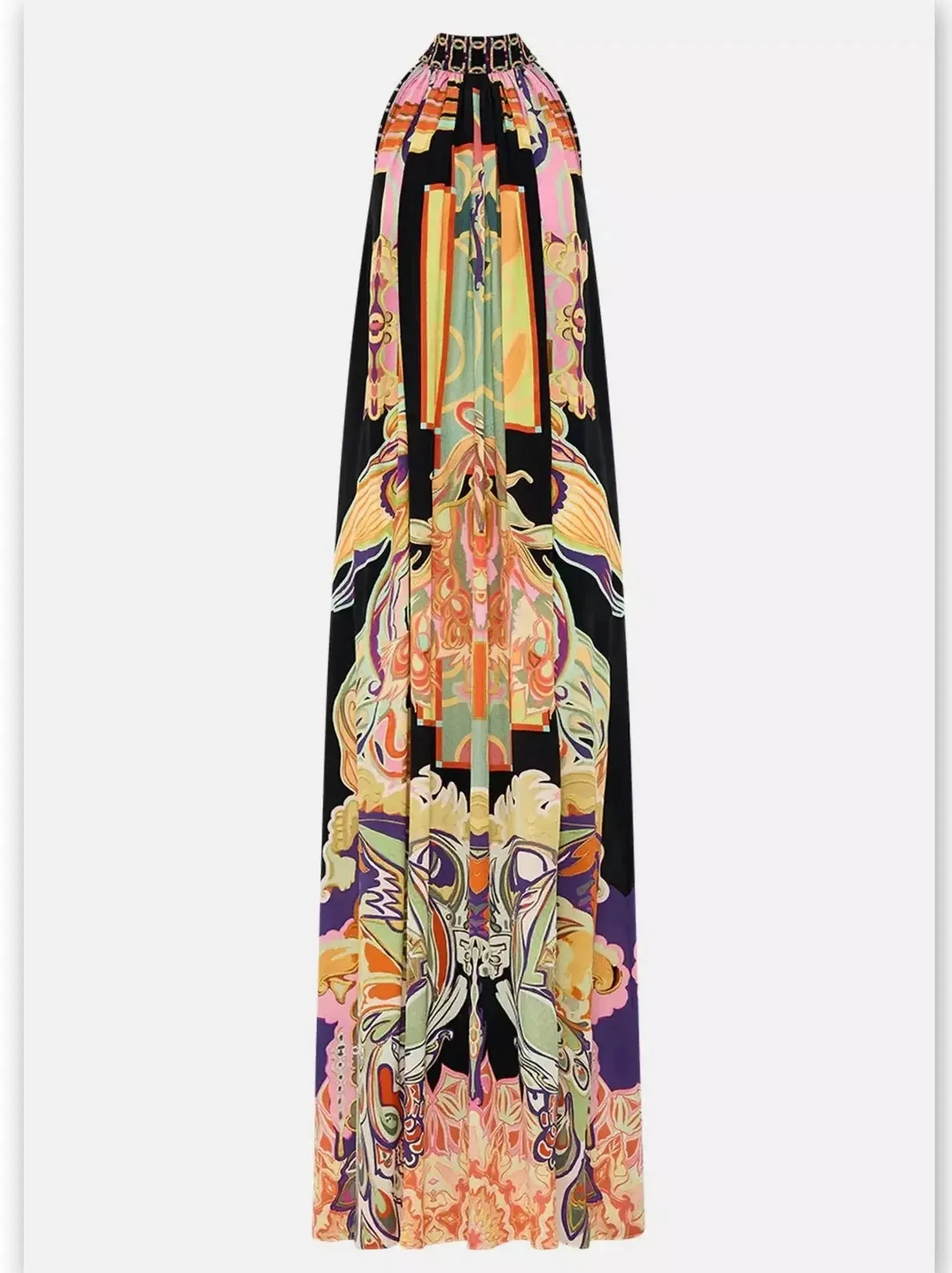 Abstract Printed Halter Tie-Neck Long Silk Dress