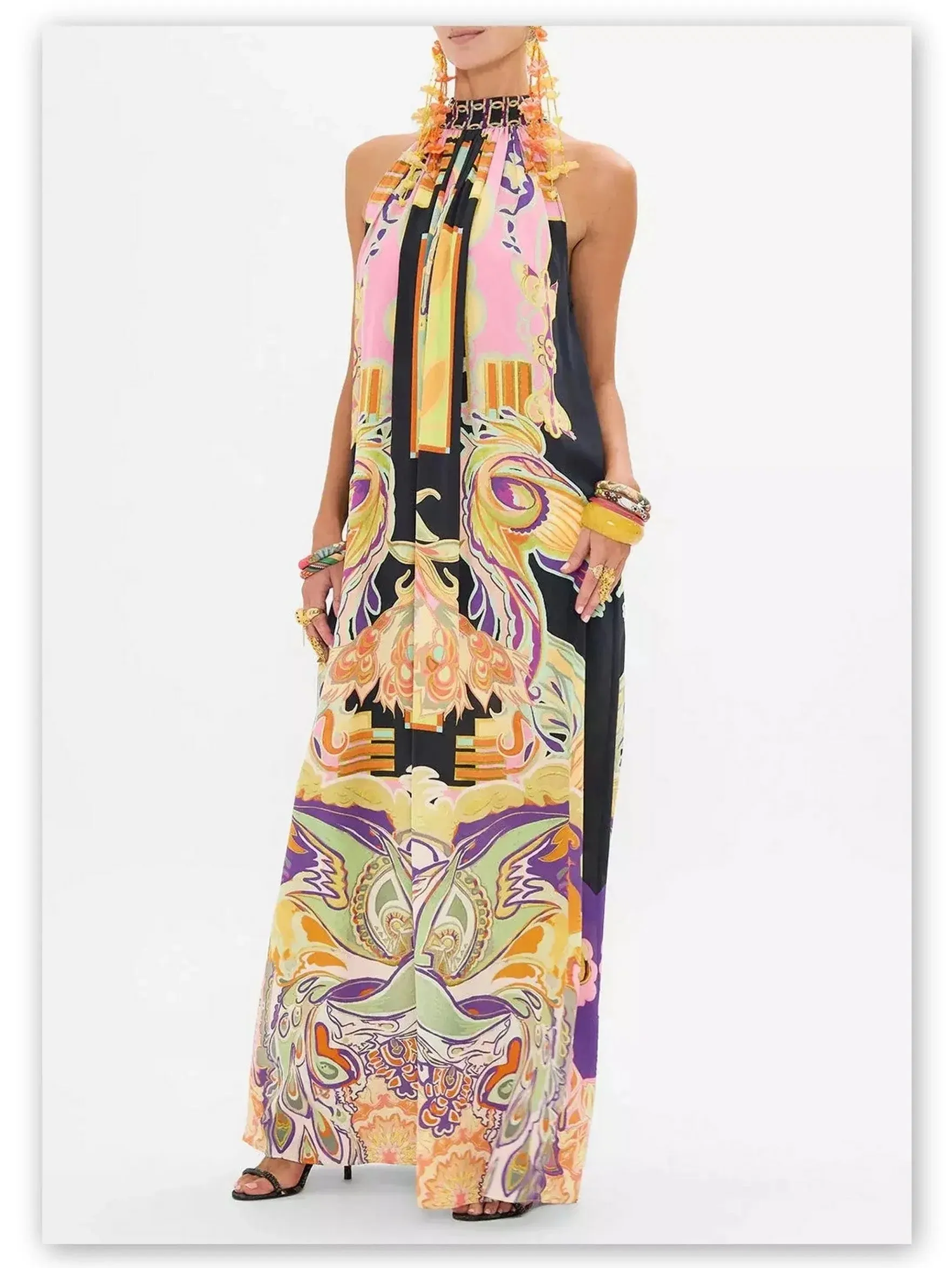 Abstract Printed Halter Tie-Neck Long Silk Dress