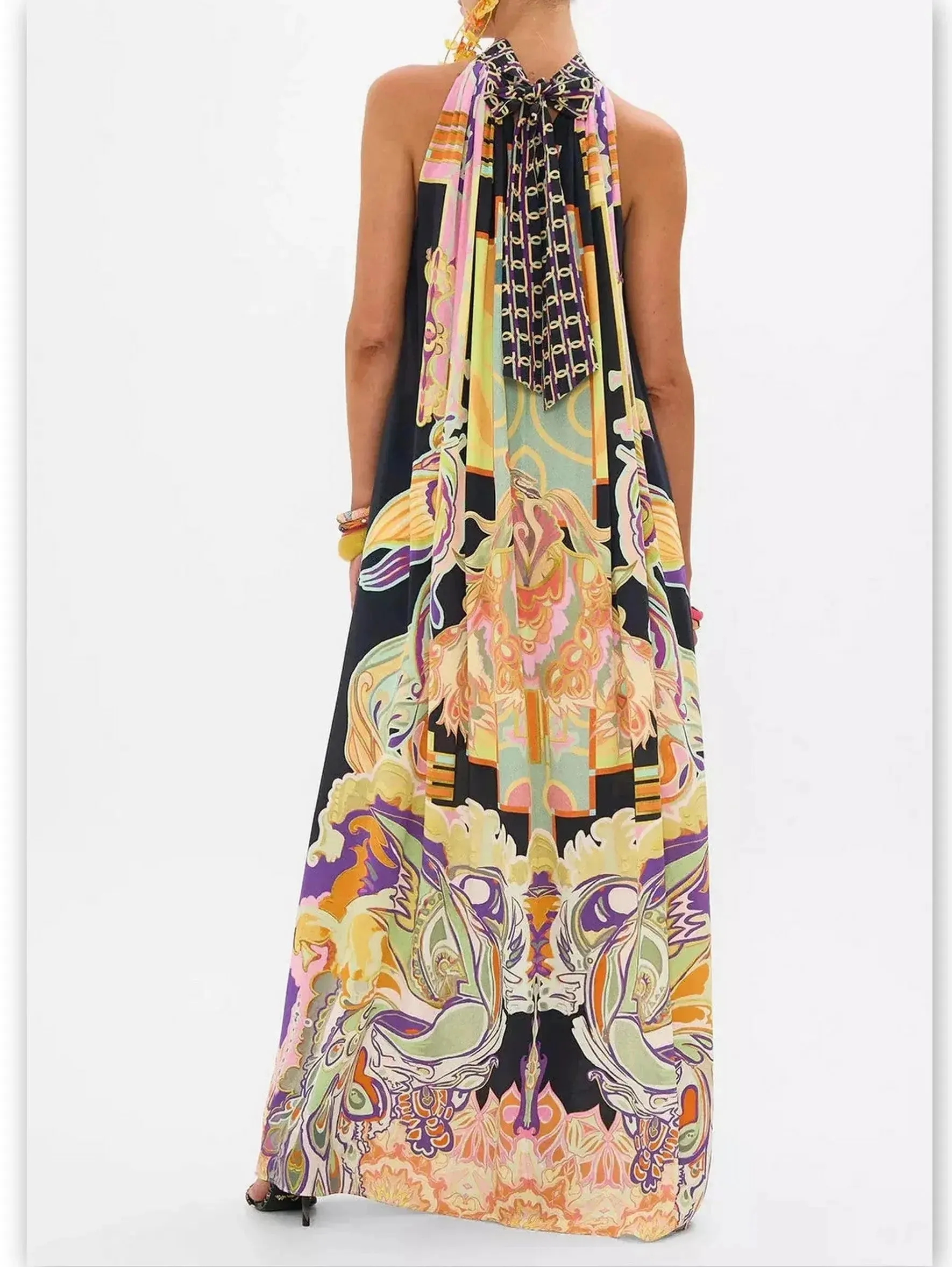 Abstract Printed Halter Tie-Neck Long Silk Dress