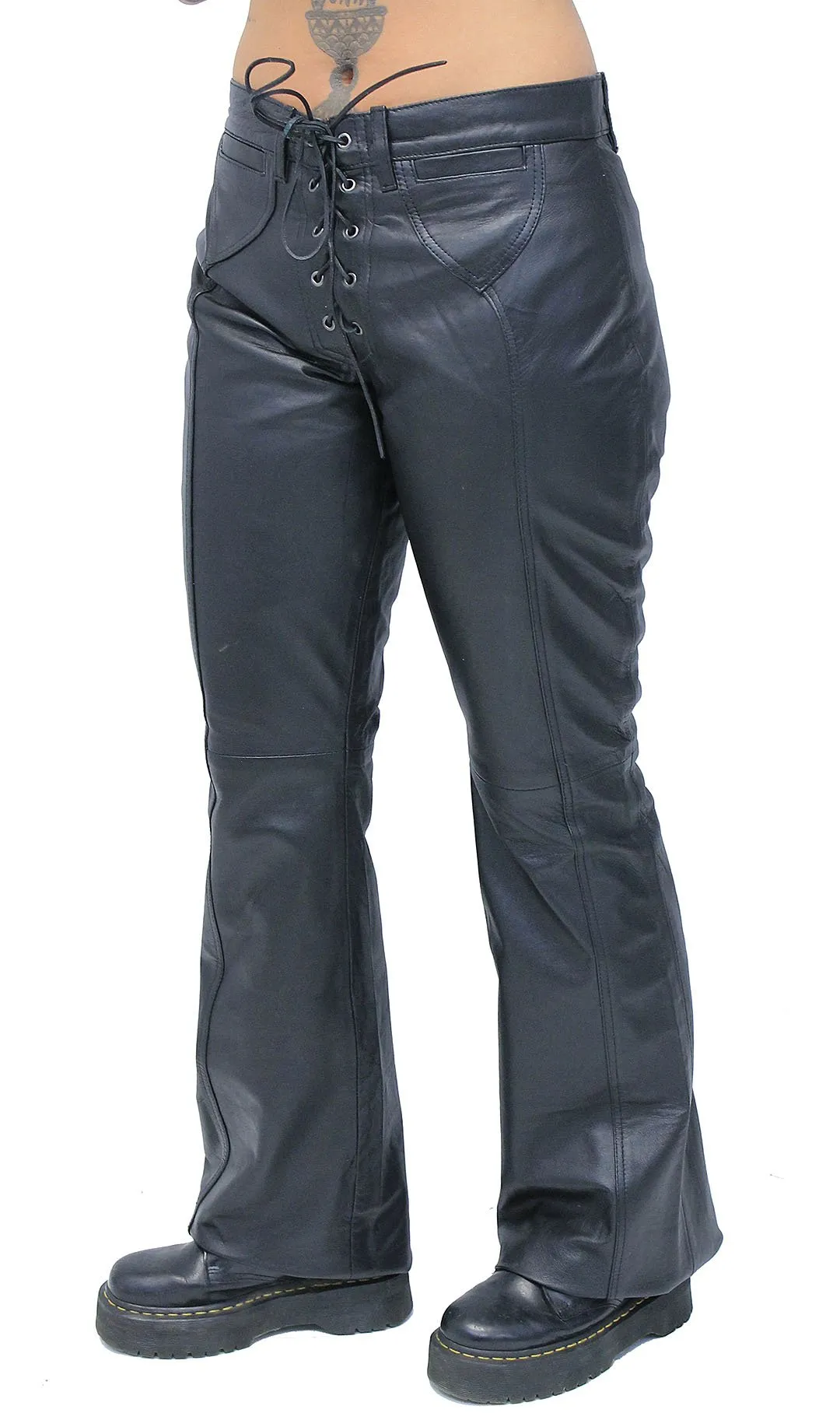 Bell Bottom Lace Up Genuine Leather Pants for Women #LP2071LK ()