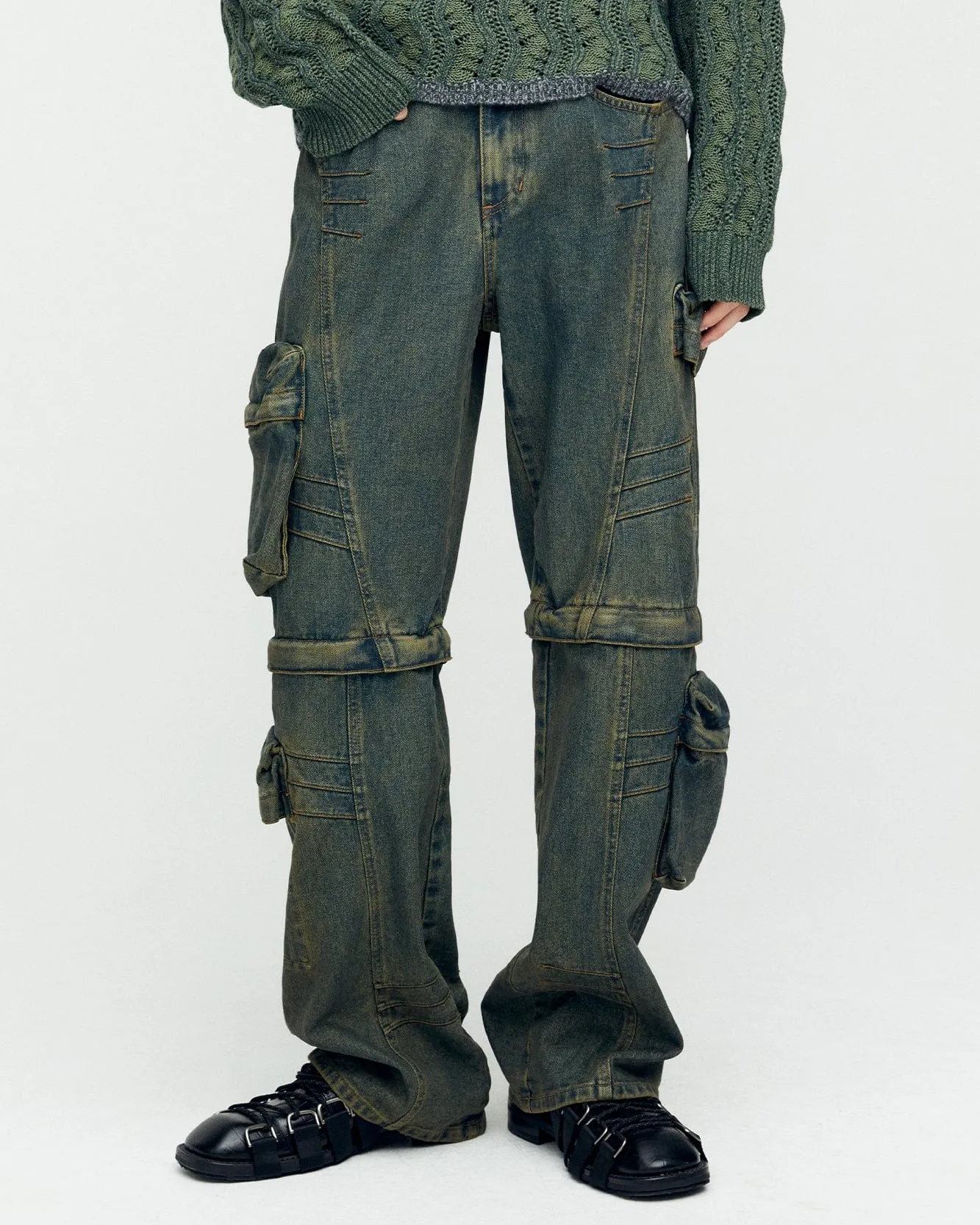 CARGO COATED WIDE-LEG JEANS apa749m(ARMY GREEN)