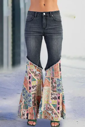 Casual Mixed Print Bell Bottom Jeans