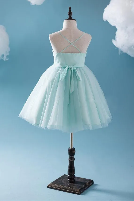 Cute Tiffany Blue Spaghetti Tulle Satin Flower Girl Dresses, Cheap Popular Little Girl Dresses, FG050