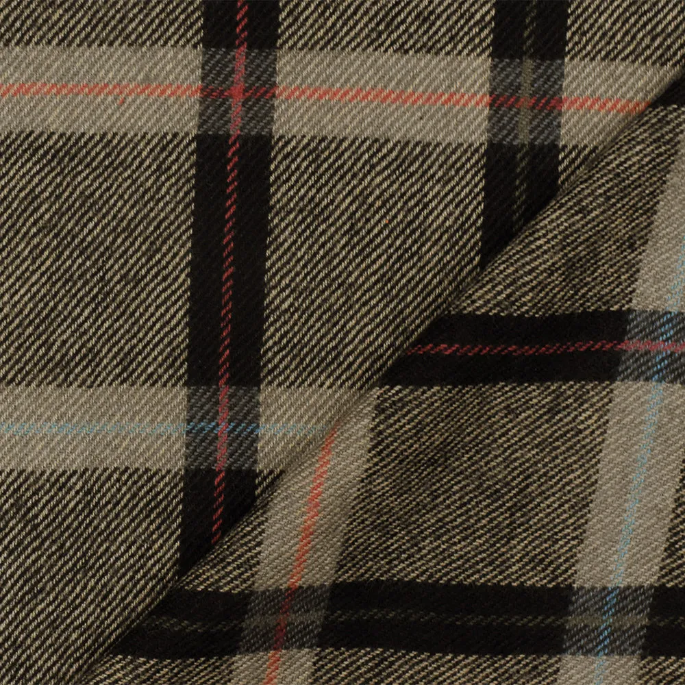 Earth Beige-Black-Multi Plaid Wool Cotton Twill Woven Suiting Fabric