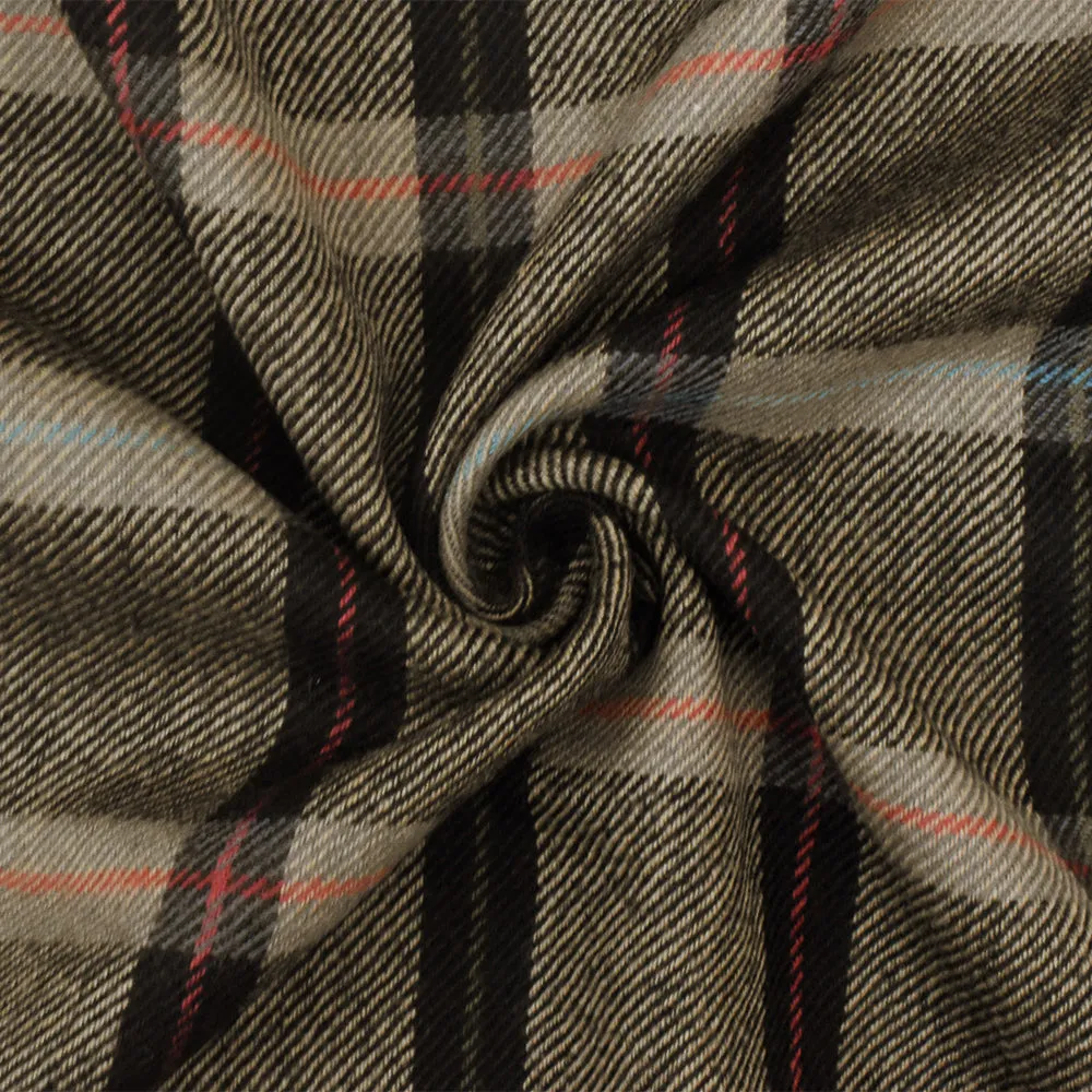 Earth Beige-Black-Multi Plaid Wool Cotton Twill Woven Suiting Fabric