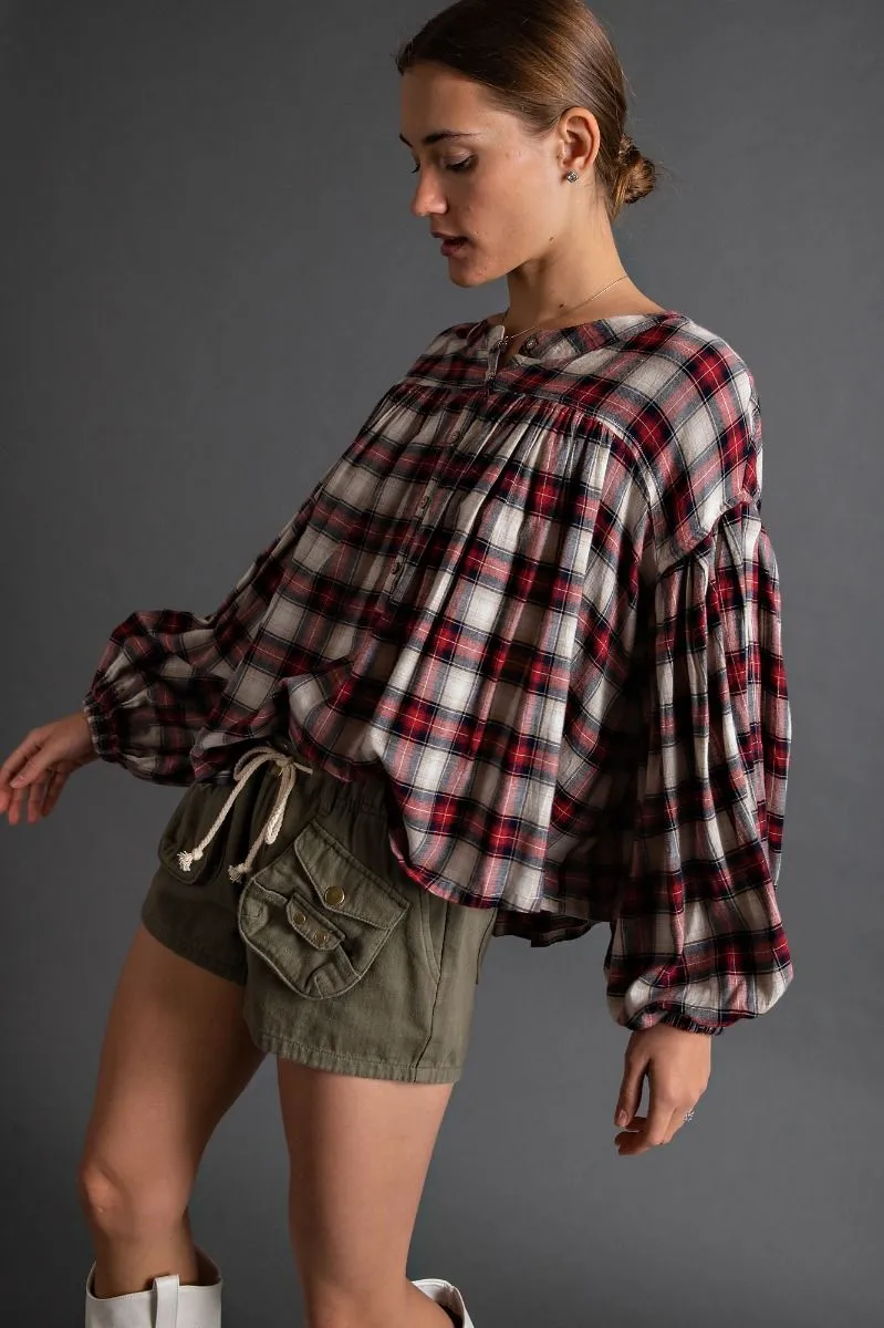 Easel Plaid Bubble Sleeve Top