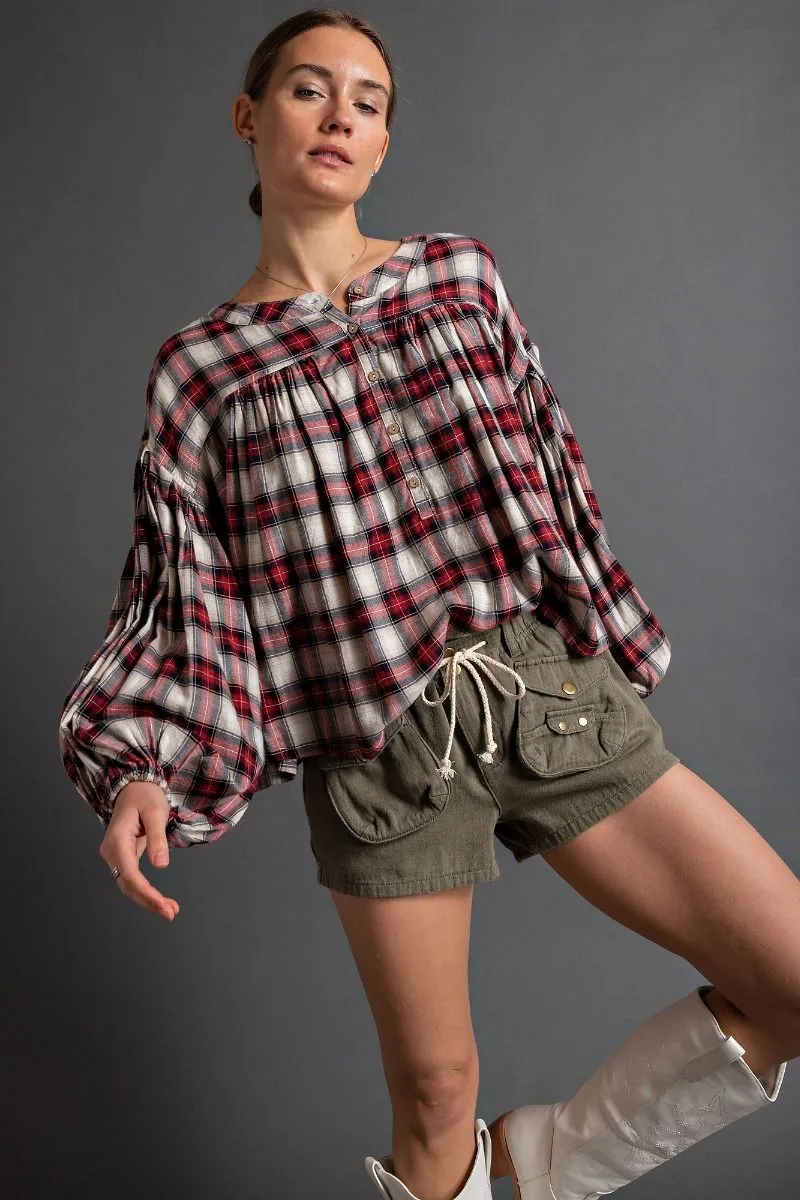 Easel Plaid Bubble Sleeve Top