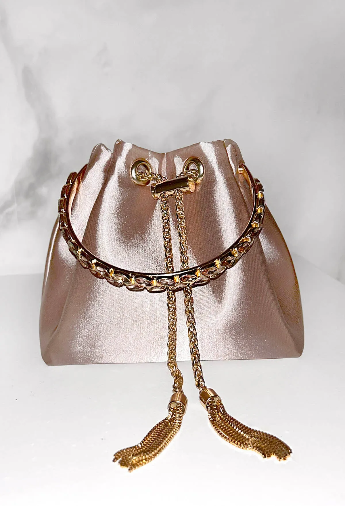 Elegant Charm Nude Satin Diamante Embellished Handle Bag