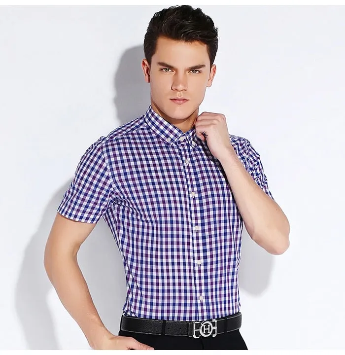 England Style Plaid Checked Cotton Men's Pocket-less Design Short Sleeve Summer Casual Standard-fit Button-down Thin Shirt