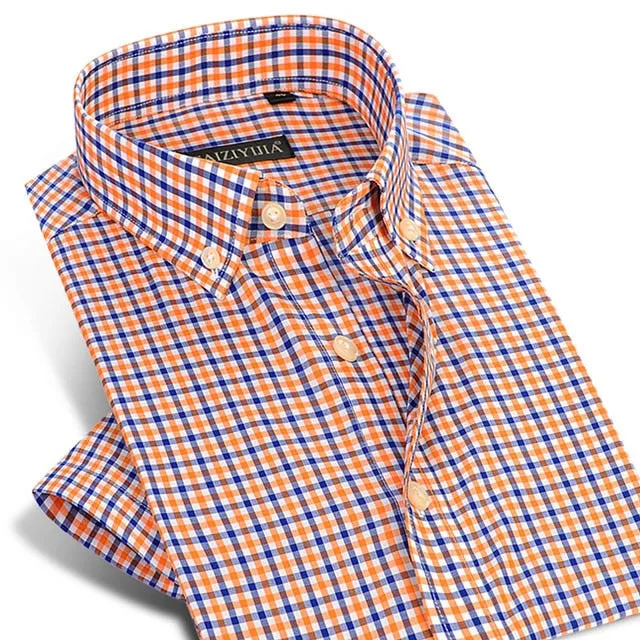 England Style Plaid Checked Cotton Men's Pocket-less Design Short Sleeve Summer Casual Standard-fit Button-down Thin Shirt