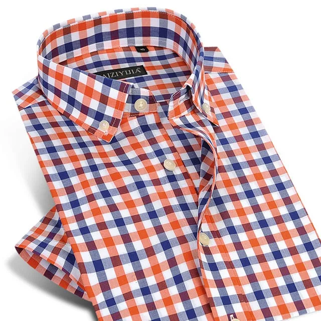 England Style Plaid Checked Cotton Men's Pocket-less Design Short Sleeve Summer Casual Standard-fit Button-down Thin Shirt