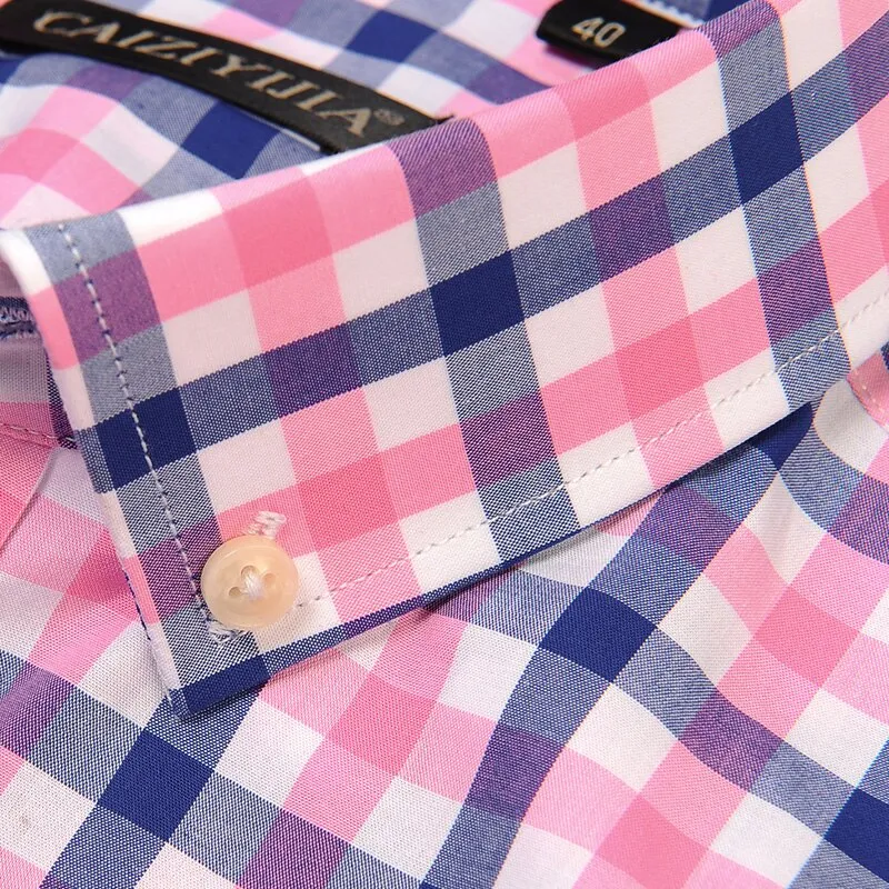 England Style Plaid Checked Cotton Men's Pocket-less Design Short Sleeve Summer Casual Standard-fit Button-down Thin Shirt