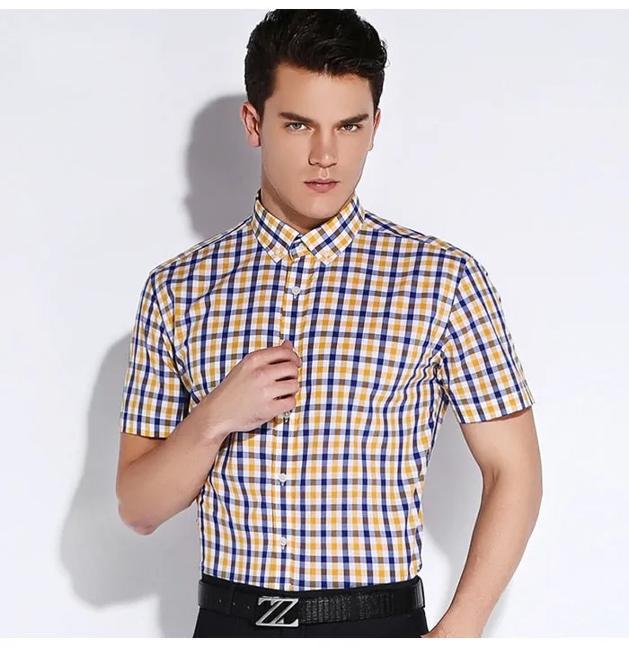 England Style Plaid Checked Cotton Men's Pocket-less Design Short Sleeve Summer Casual Standard-fit Button-down Thin Shirt