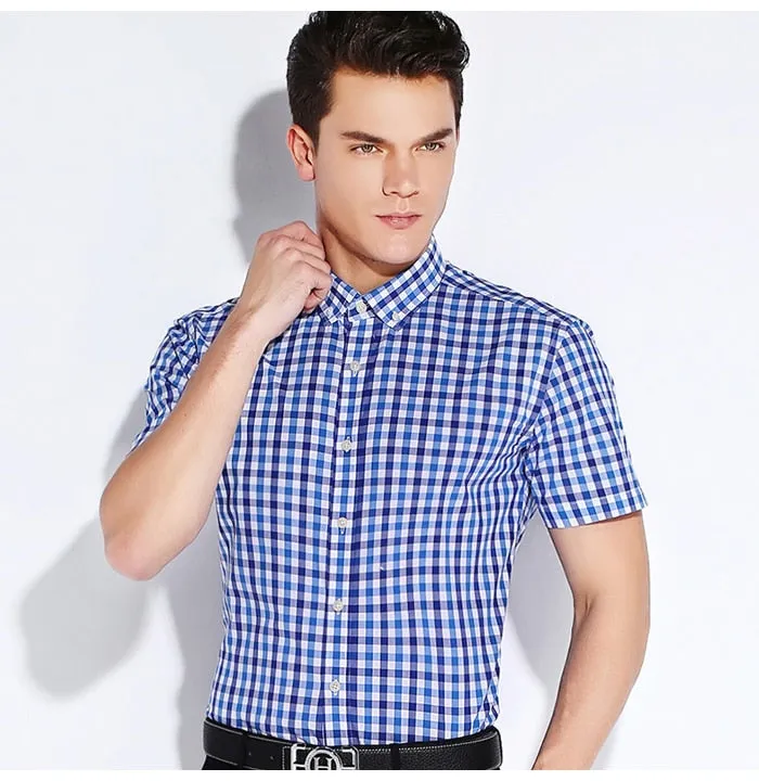 England Style Plaid Checked Cotton Men's Pocket-less Design Short Sleeve Summer Casual Standard-fit Button-down Thin Shirt