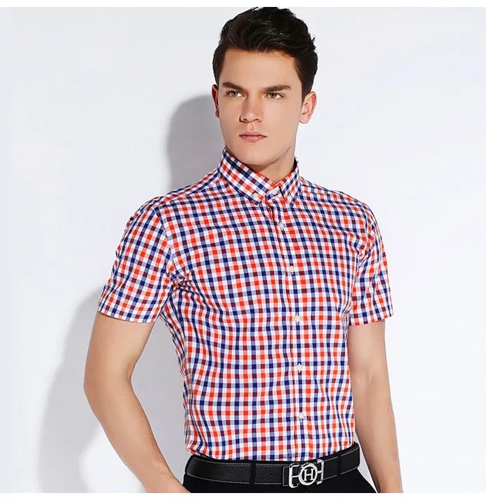 England Style Plaid Checked Cotton Men's Pocket-less Design Short Sleeve Summer Casual Standard-fit Button-down Thin Shirt