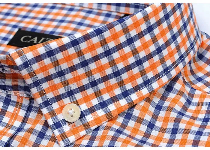 England Style Plaid Checked Cotton Men's Pocket-less Design Short Sleeve Summer Casual Standard-fit Button-down Thin Shirt