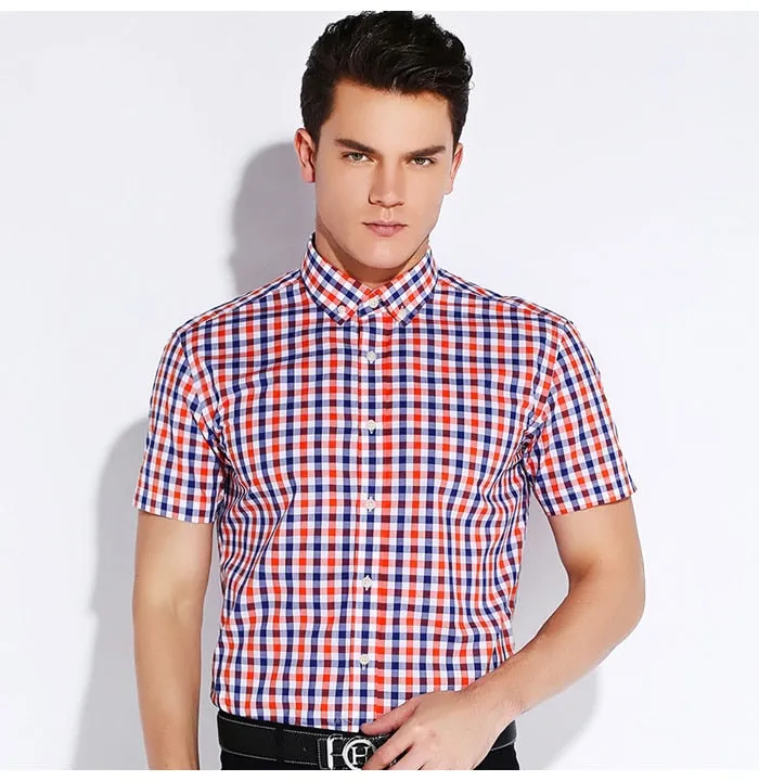 England Style Plaid Checked Cotton Men's Pocket-less Design Short Sleeve Summer Casual Standard-fit Button-down Thin Shirt