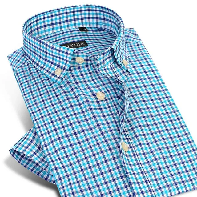 England Style Plaid Checked Cotton Men's Pocket-less Design Short Sleeve Summer Casual Standard-fit Button-down Thin Shirt