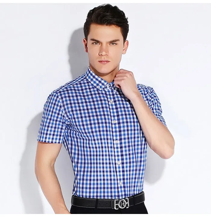 England Style Plaid Checked Cotton Men's Pocket-less Design Short Sleeve Summer Casual Standard-fit Button-down Thin Shirt