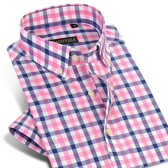 England Style Plaid Checked Cotton Men's Pocket-less Design Short Sleeve Summer Casual Standard-fit Button-down Thin Shirt