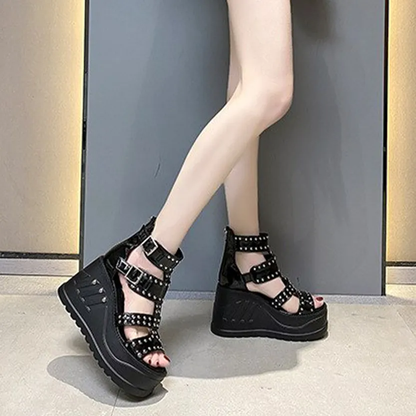 Funki Buys | Shoes | Women's Gothic Punk Rivet Wedge Sandal