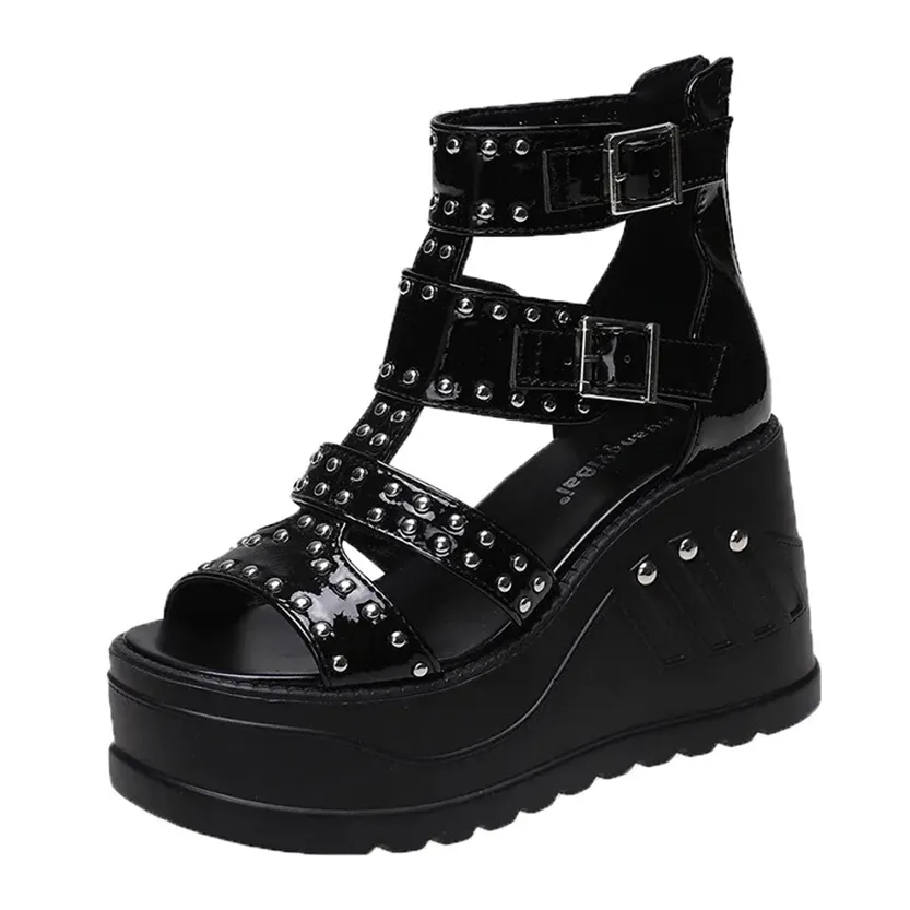 Funki Buys | Shoes | Women's Gothic Punk Rivet Wedge Sandal