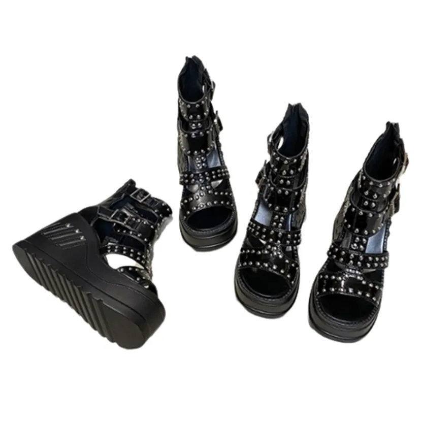 Funki Buys | Shoes | Women's Gothic Punk Rivet Wedge Sandal