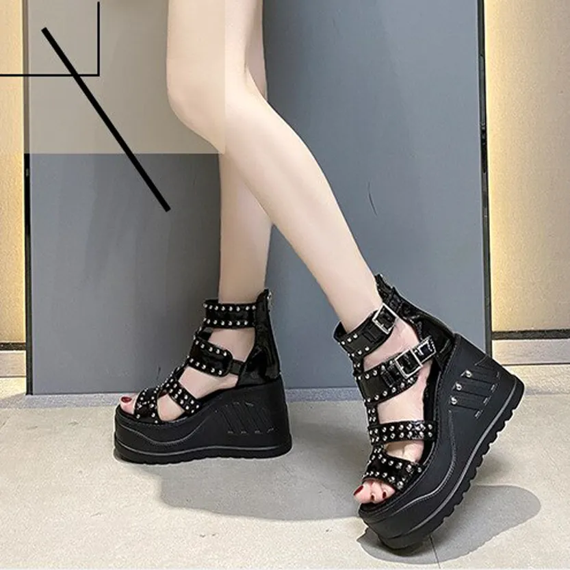 Funki Buys | Shoes | Women's Gothic Punk Rivet Wedge Sandal