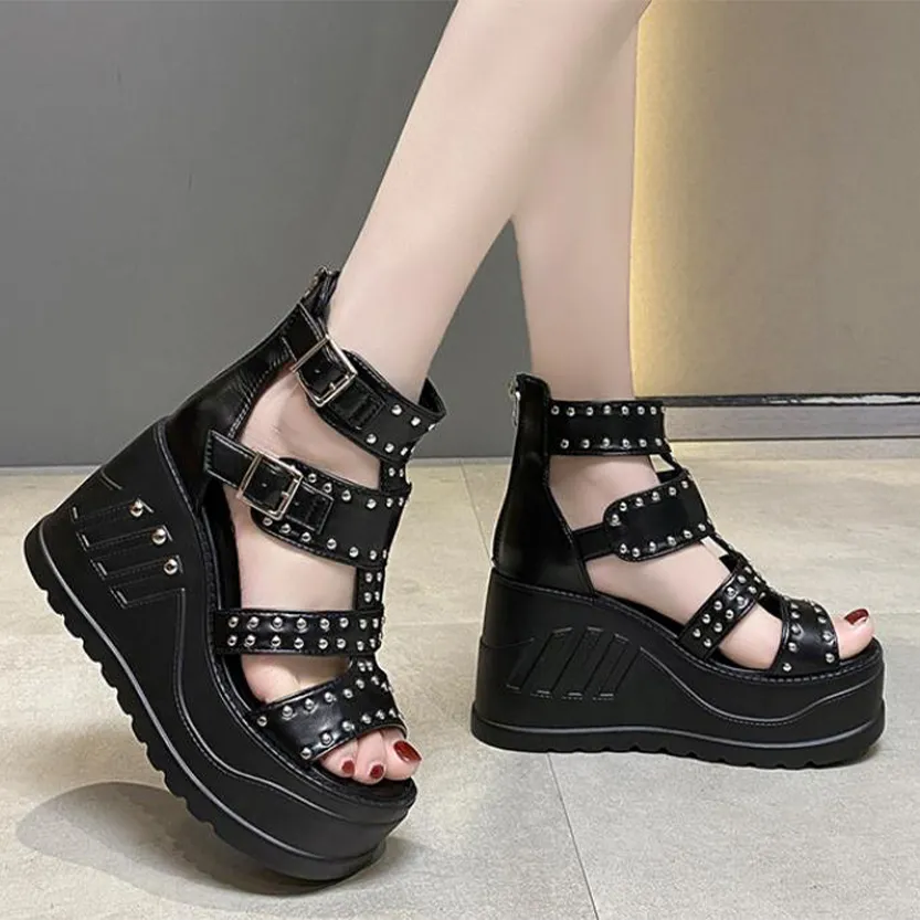 Funki Buys | Shoes | Women's Gothic Punk Rivet Wedge Sandal