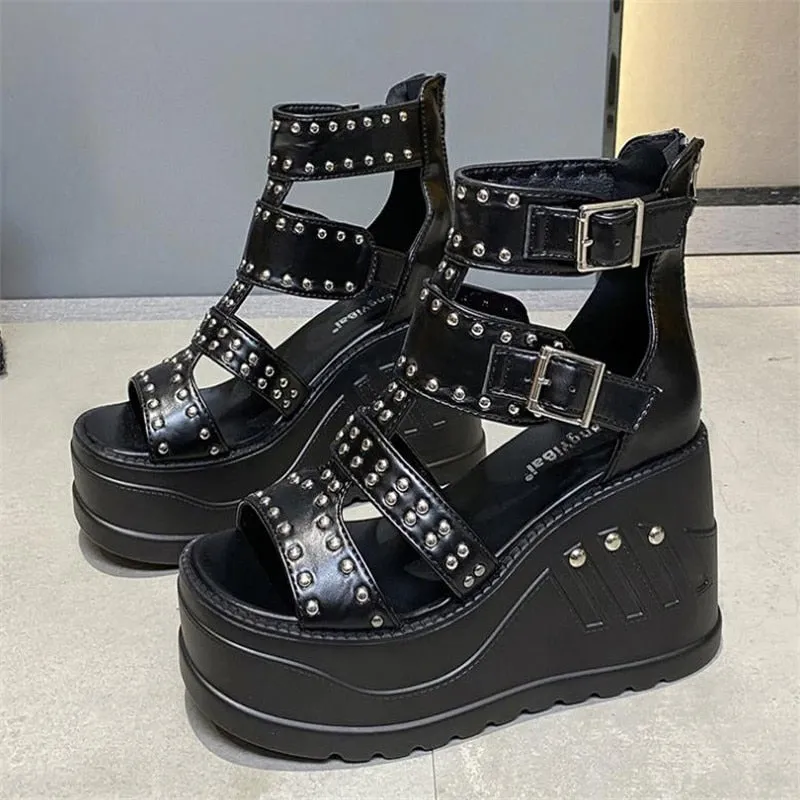 Funki Buys | Shoes | Women's Gothic Punk Rivet Wedge Sandal