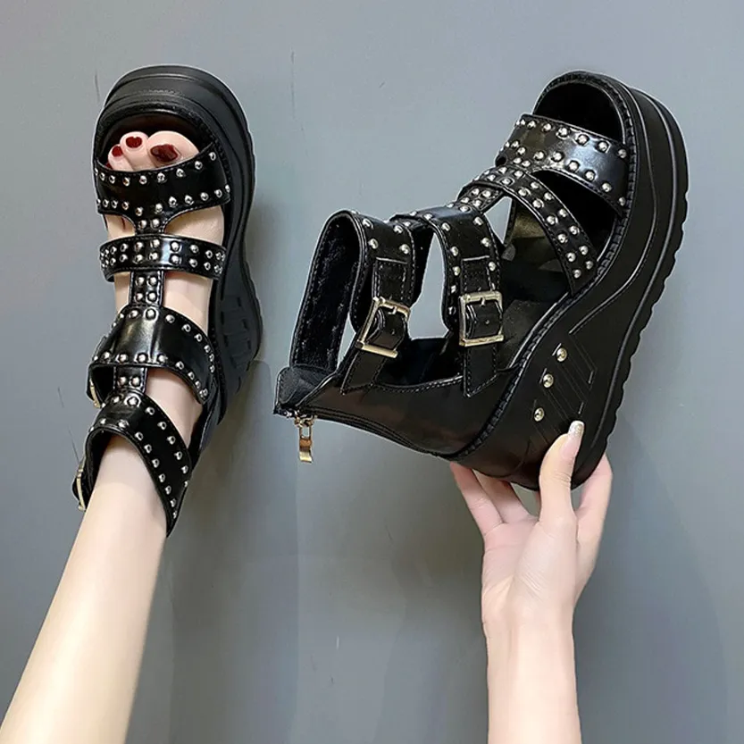 Funki Buys | Shoes | Women's Gothic Punk Rivet Wedge Sandal