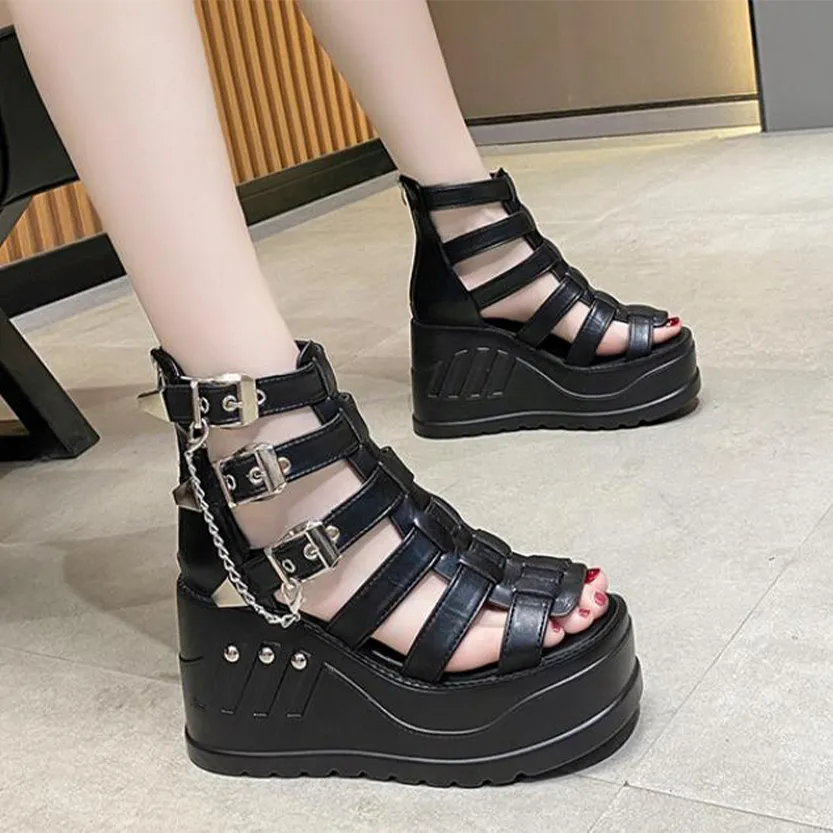 Funki Buys | Shoes | Women's Gothic Punk Rivet Wedge Sandal