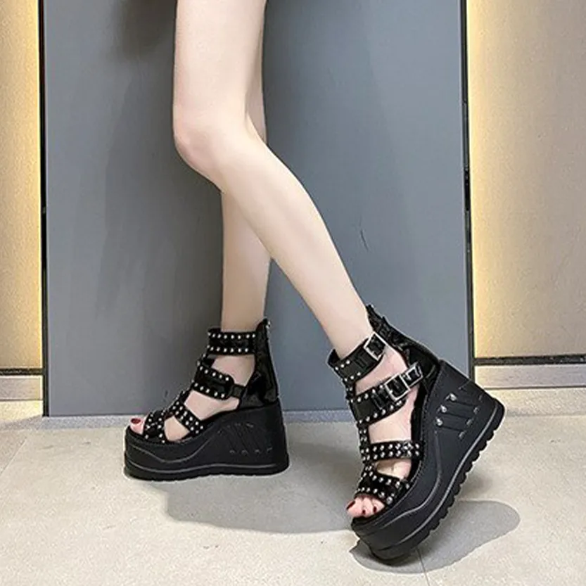 Funki Buys | Shoes | Women's Gothic Punk Rivet Wedge Sandal