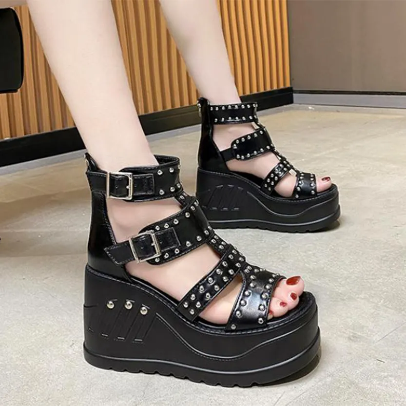 Funki Buys | Shoes | Women's Gothic Punk Rivet Wedge Sandal