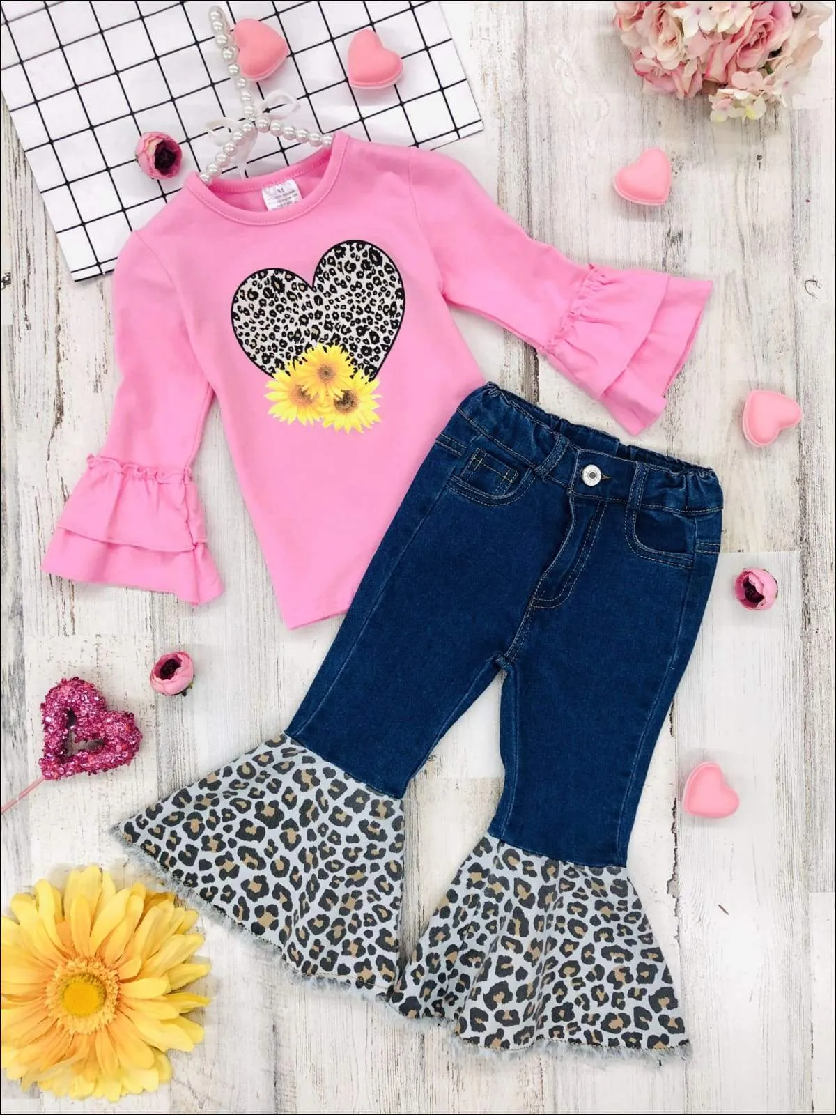 Girls Sunny Heart Top and Bell Bottom Jeans Set