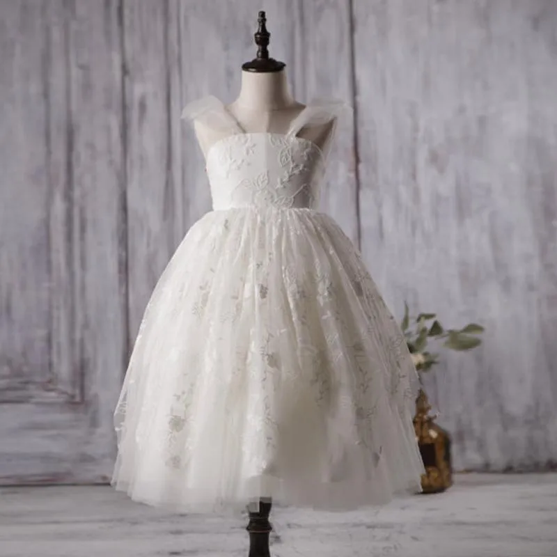 Ivory Cute Lace Tulle Flower Girl Dresses, V-back Cap Sleeve Little Girl Dresses, FGY0134