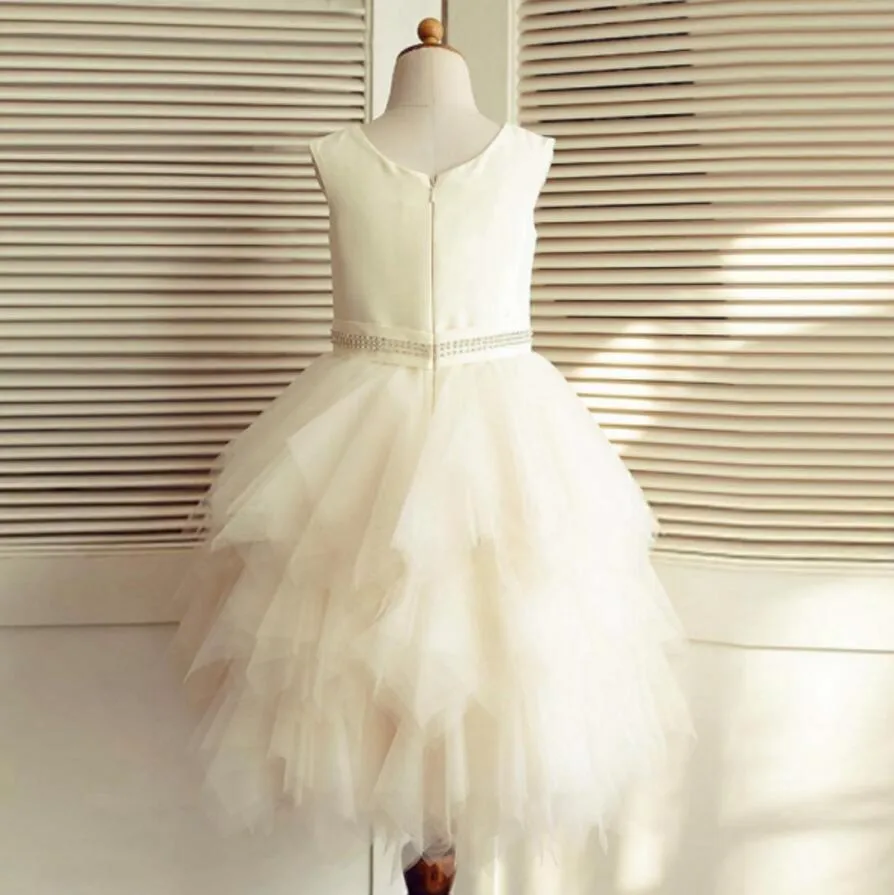 Ivory Satin Top Beaded Belt Tulle Flower Girl Dresses, Pixie Tutu Dresses, Little Girl Dresses, FGY0142