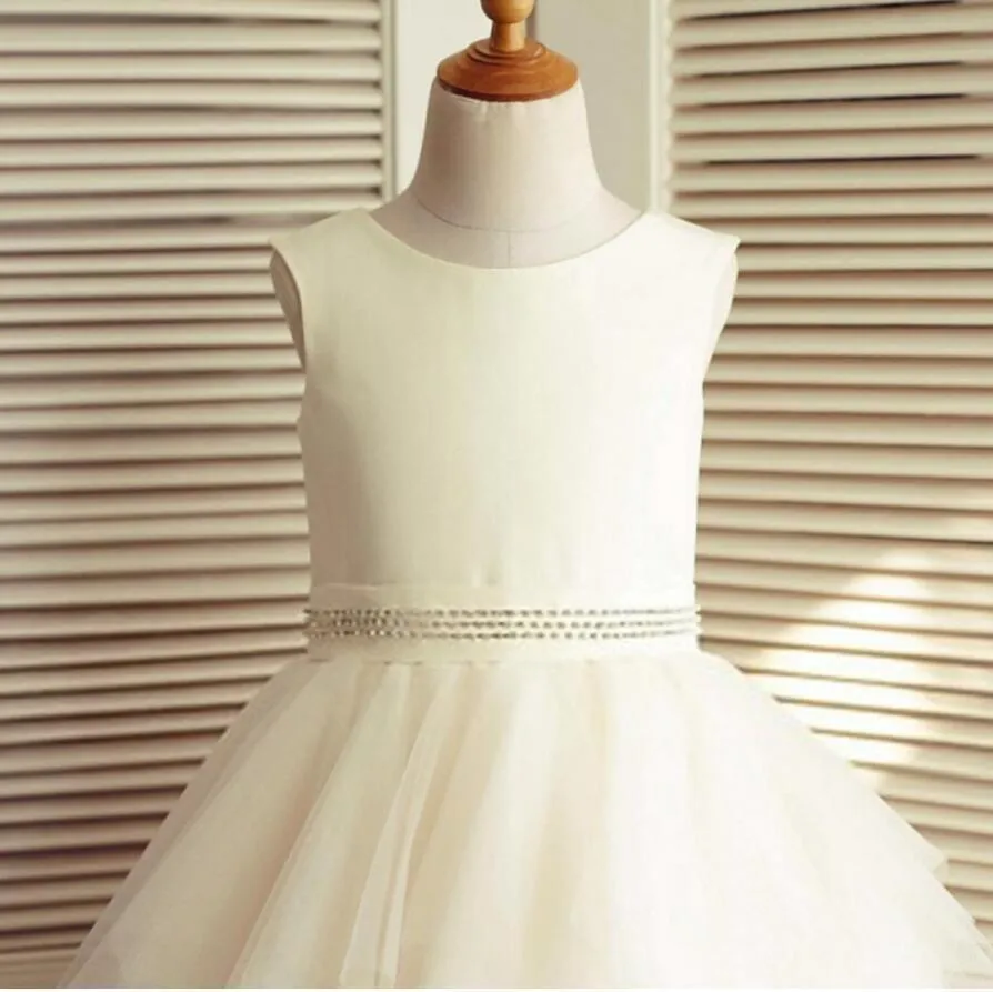 Ivory Satin Top Beaded Belt Tulle Flower Girl Dresses, Pixie Tutu Dresses, Little Girl Dresses, FGY0142