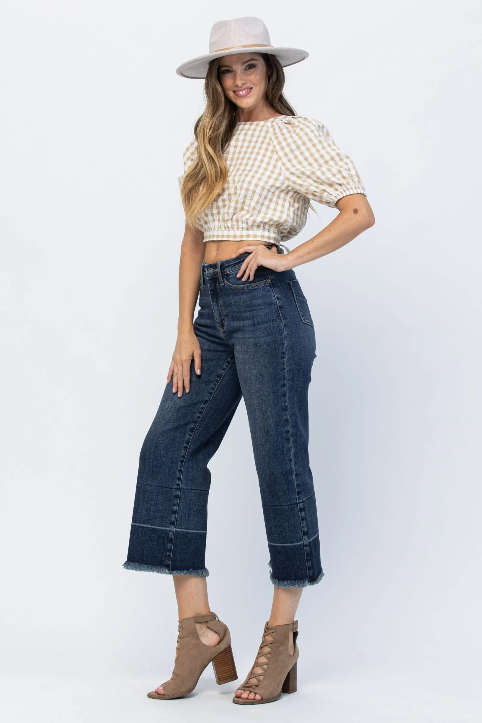 Judy Blue High Rise Wide Leg Cropped Release Hem Jeans