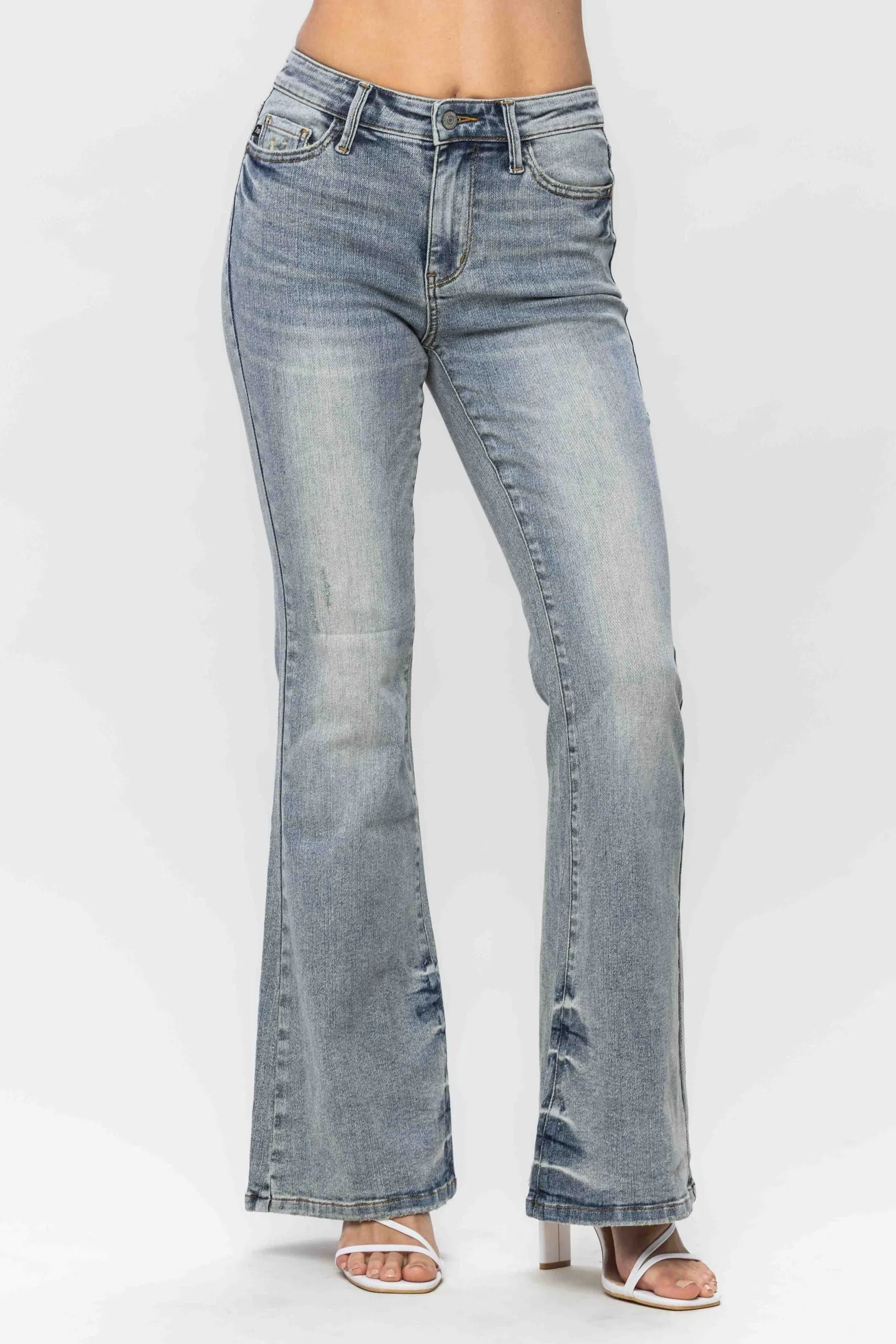 Judy Blue Megan Mid Rise Tinted Pin Tack Detail Flare Jeans