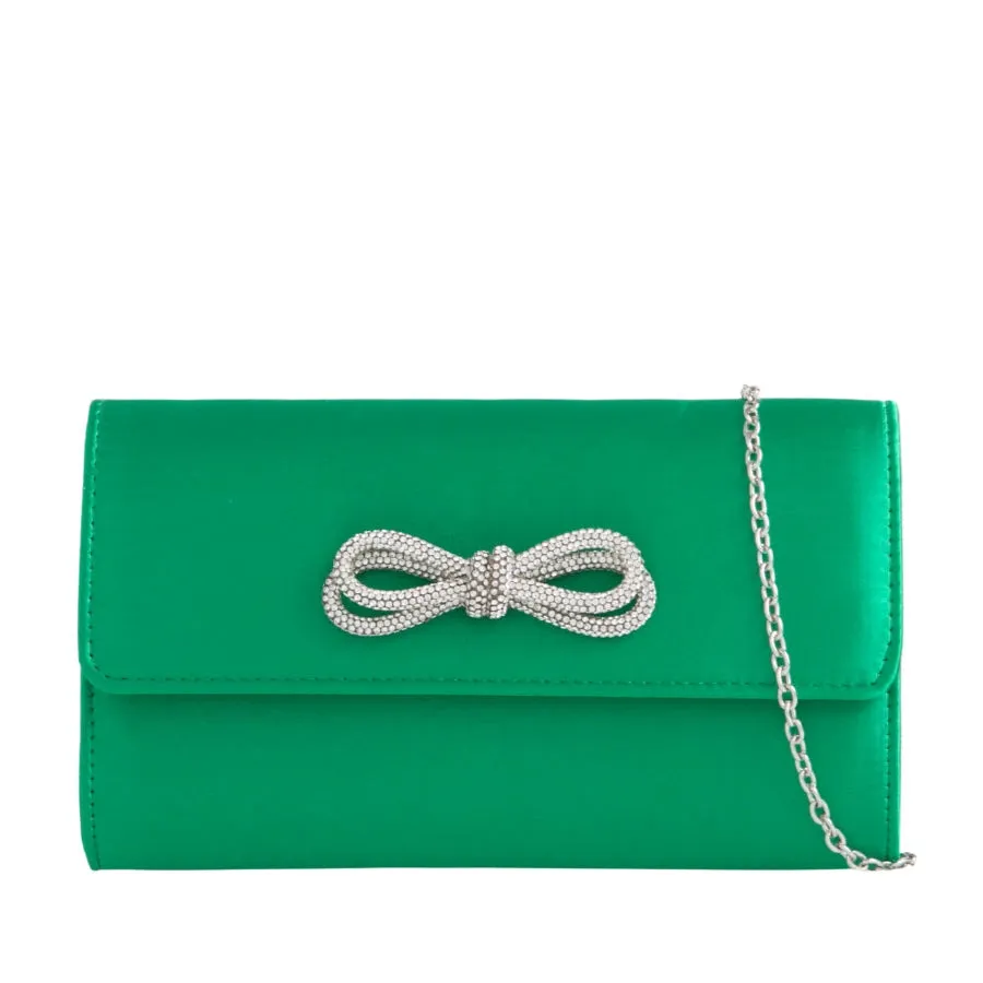 Koko Emerald Green Satin Bag with Diamante Bow