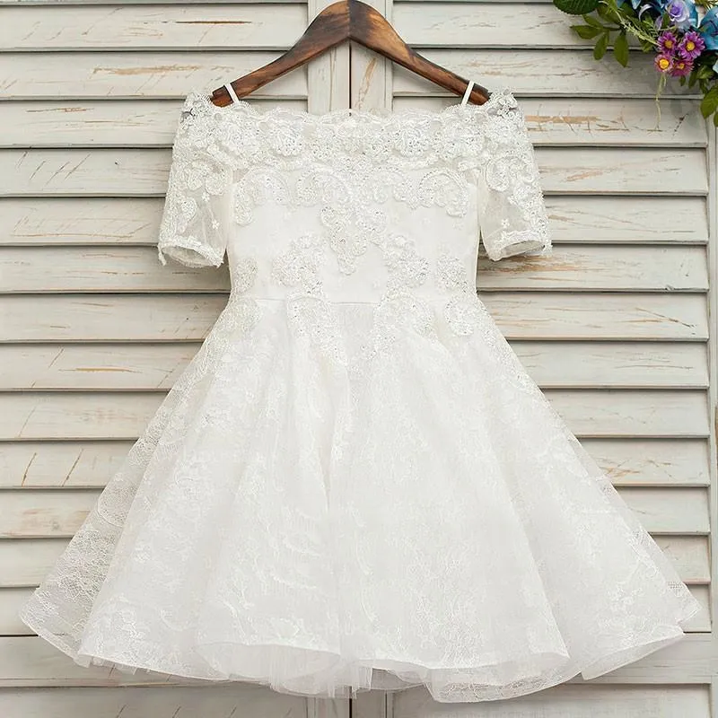 Marvelous Lace Off-the-shoulder Neckline Short A-line Flower Girl Dresses FD083