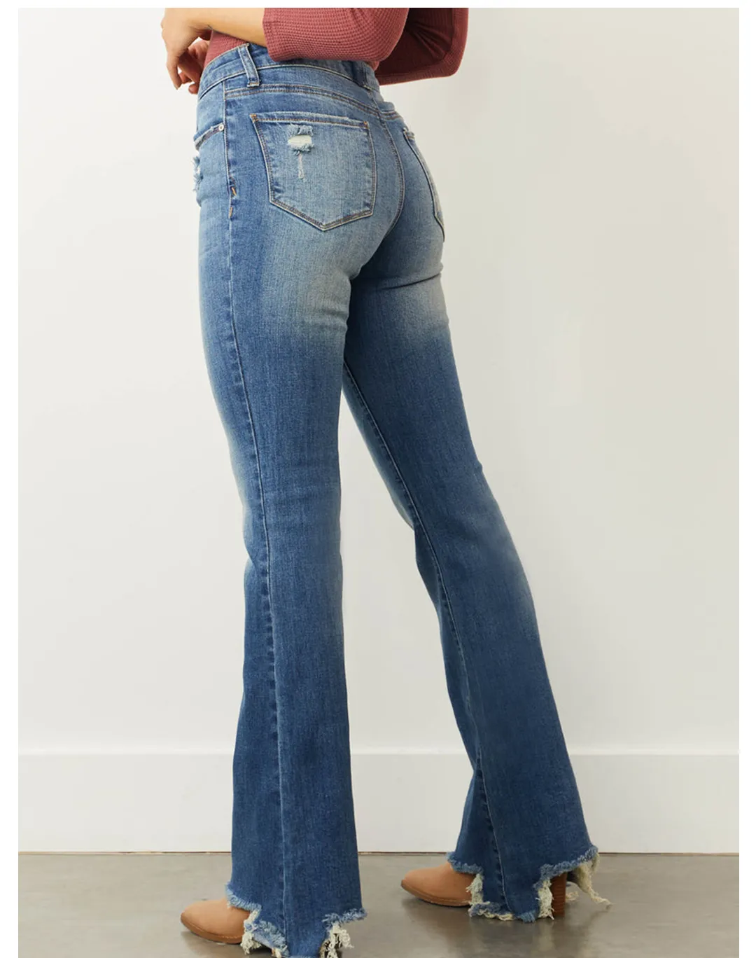 Mid Waist Slim Fit Stretch Holes Bell Bottom Pants Women Jeans