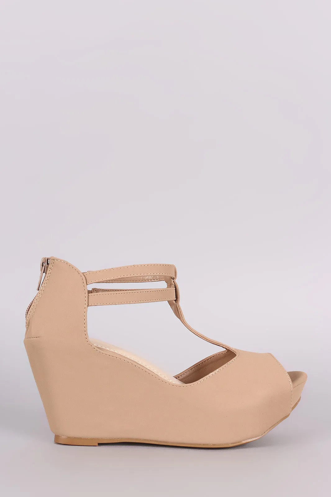 Nubuck Peep Toe T-Strap Platform Wedge