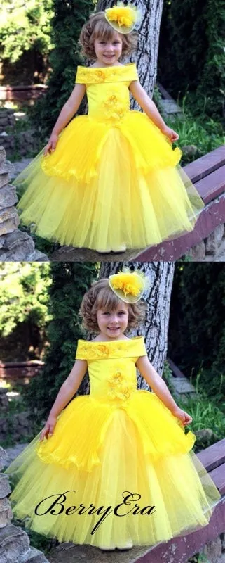 Off Shoulder A-line Yellow Satin Appliques Tulle Flower Girl Dresses