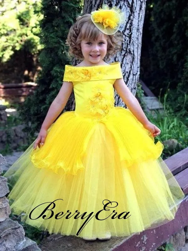 Off Shoulder A-line Yellow Satin Appliques Tulle Flower Girl Dresses