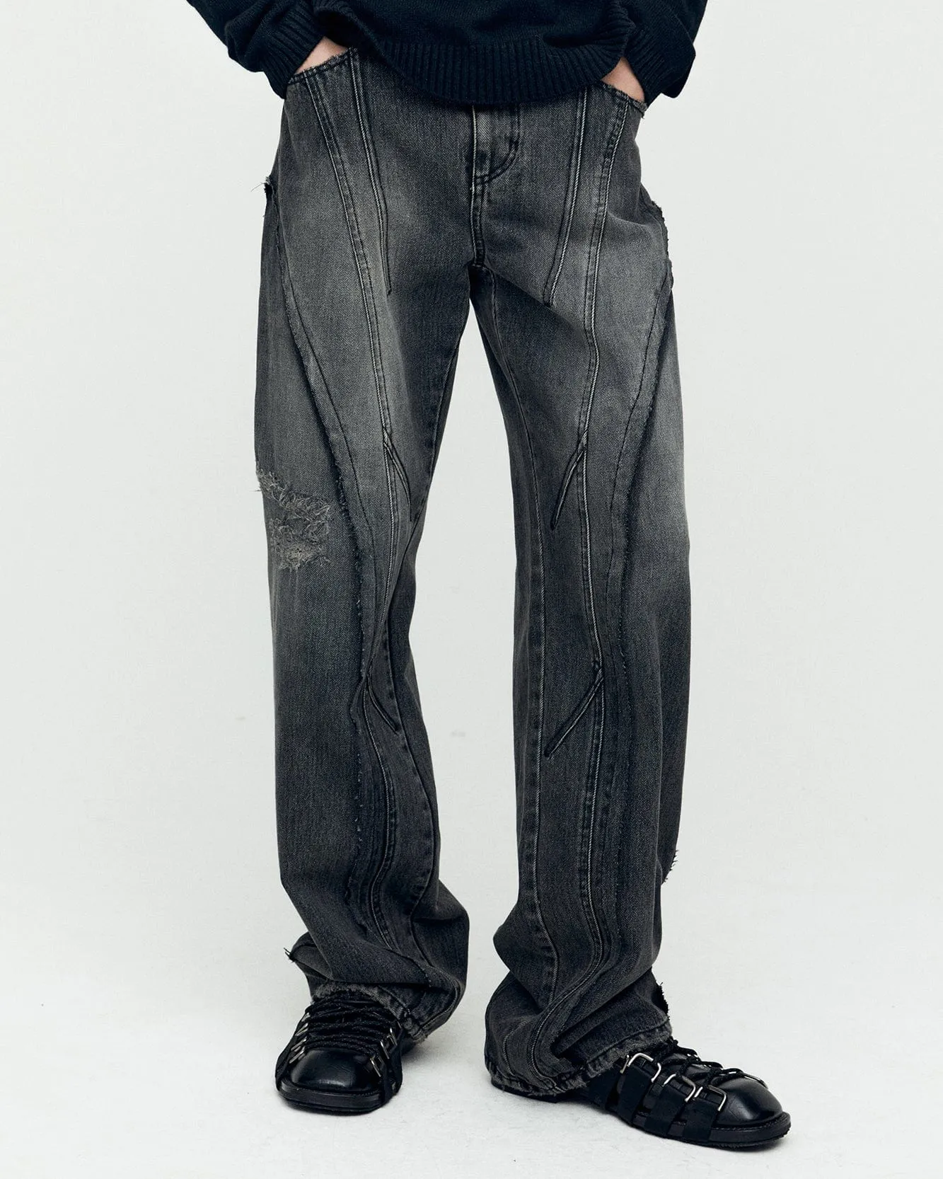 PANEL CARPENTER WIDE-LEG JEANS apa743m(WASHED BLACK)